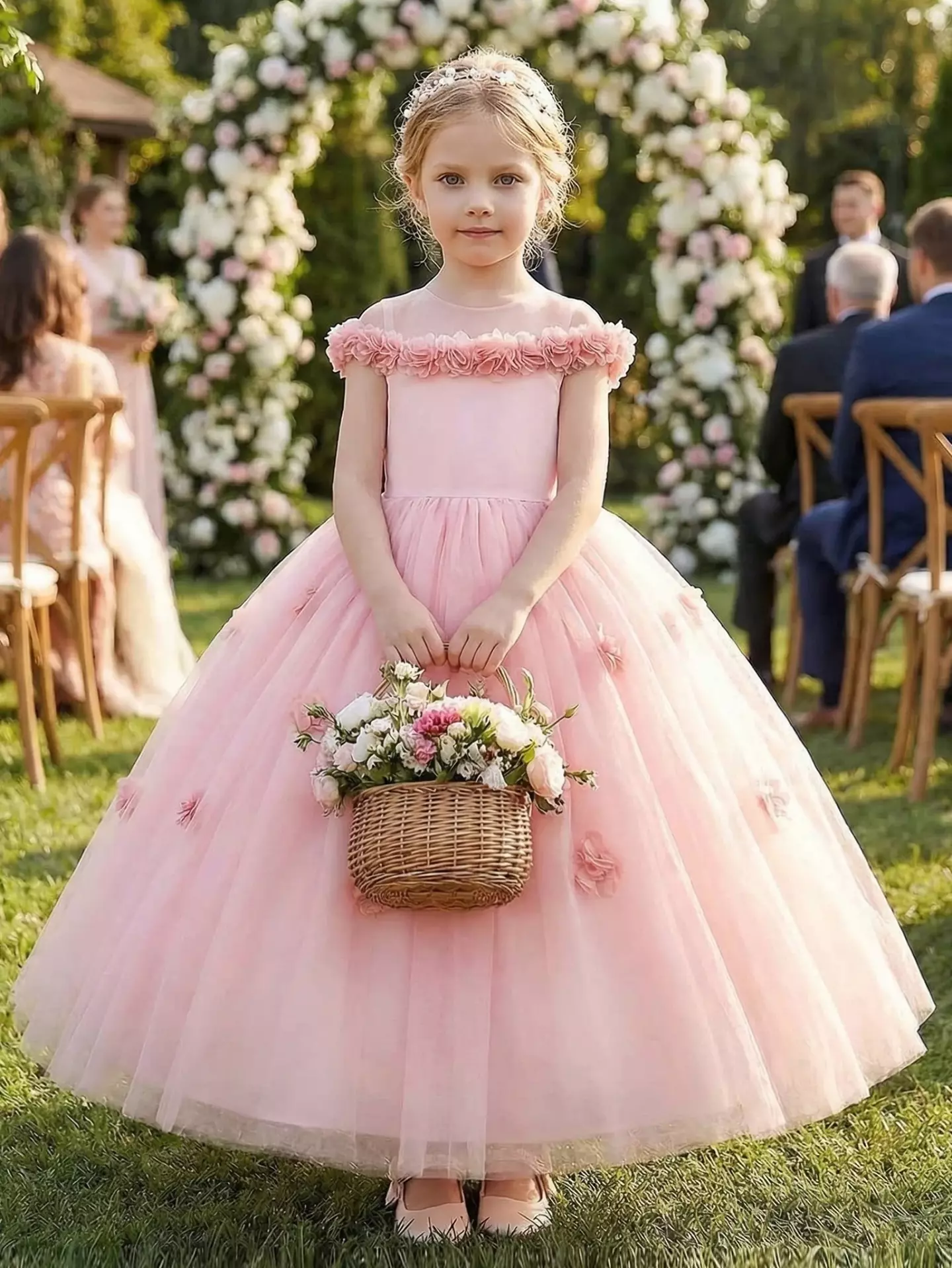 Himeno Peach Pink Floral Trim Tulle Floor Length Girls Party Dress