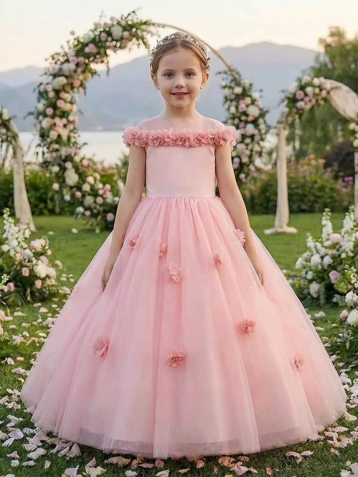 Himeno Peach Pink Floral Trim Tulle Floor Length Girls Party Dress