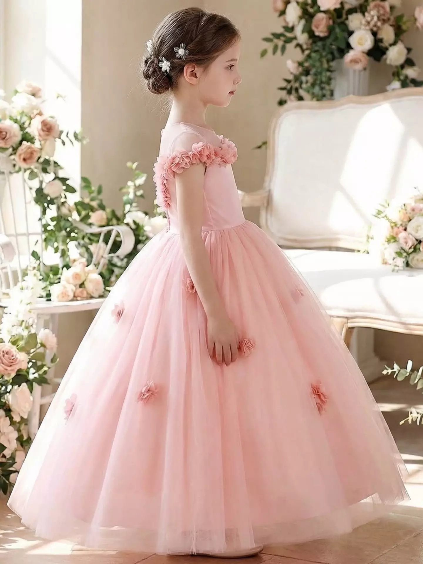 Himeno Peach Pink Floral Trim Tulle Floor Length Girls Party Dress
