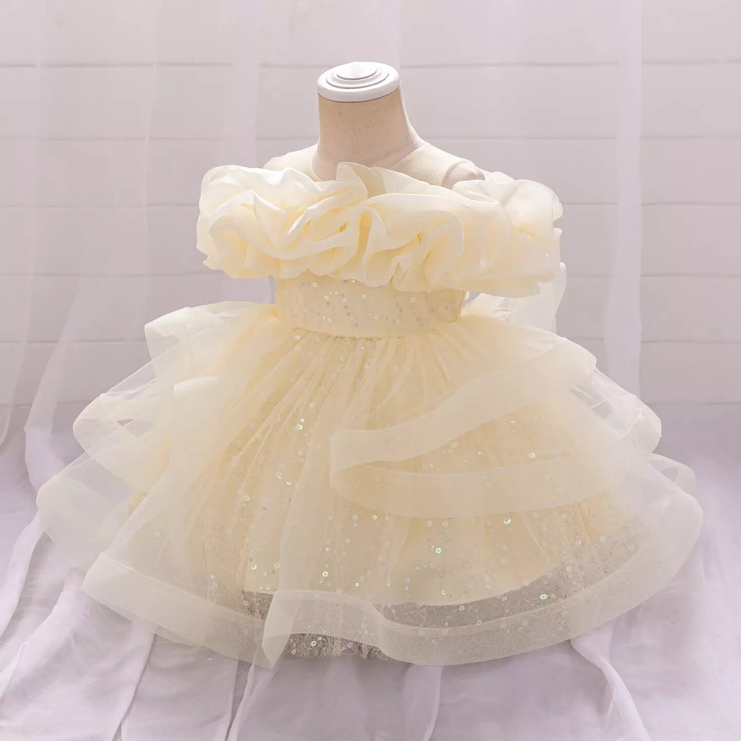 Sophie Champagne Sequin Tulle Baby Party Dress with Ruffle Collar
