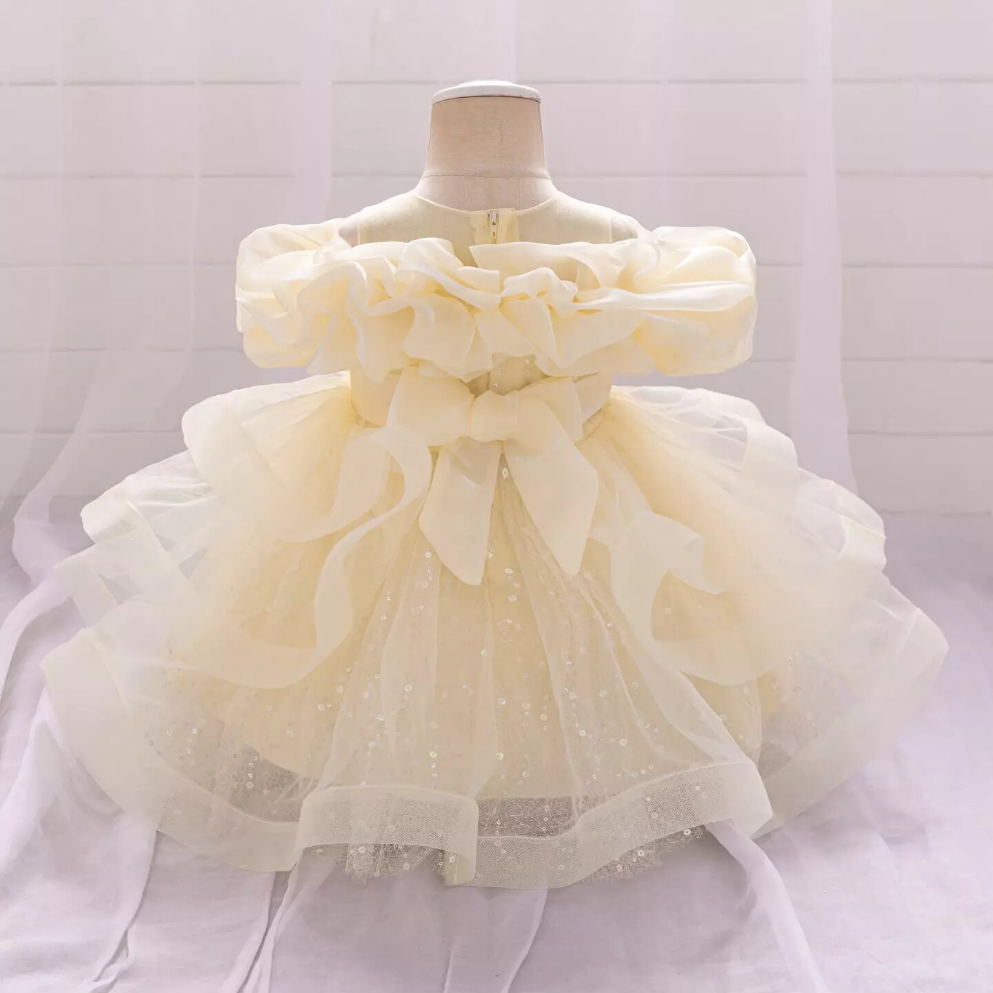 Sophie Champagne Sequin Tulle Baby Party Dress with Ruffle Collar