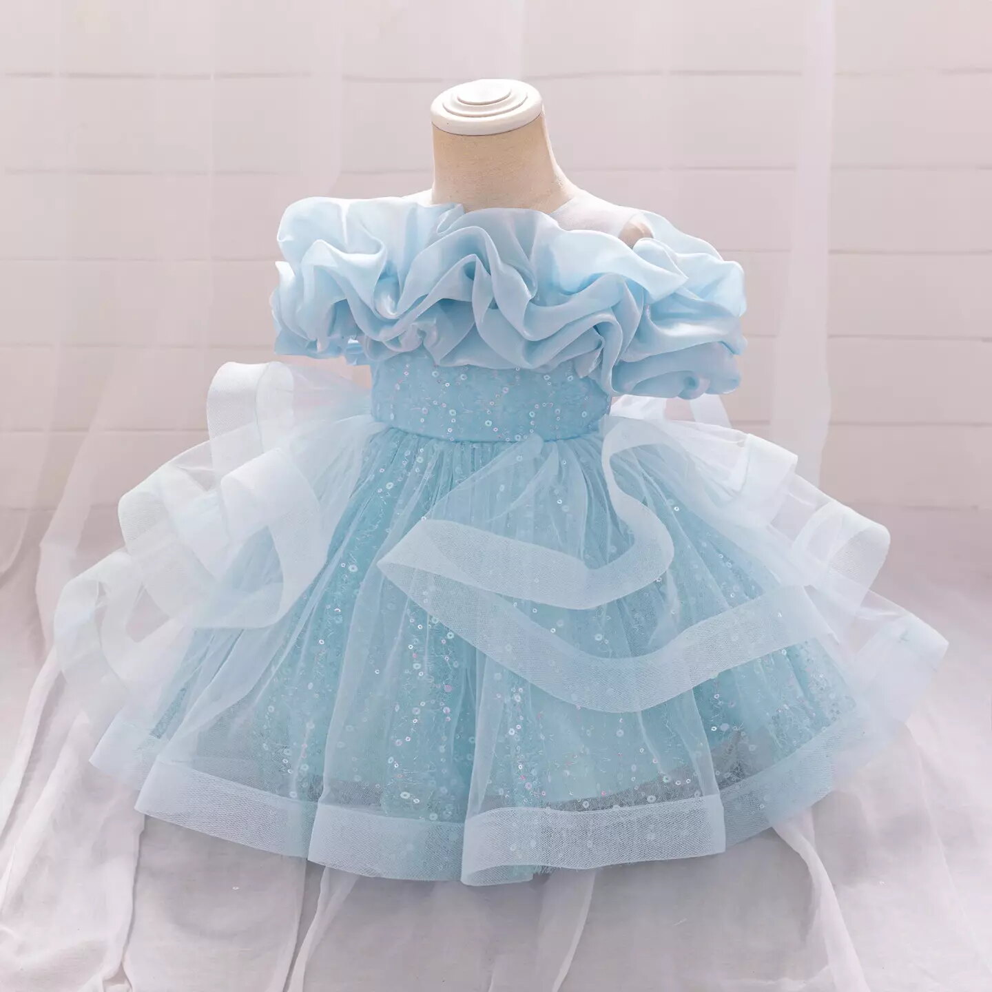 Sophie Light Blue Tiered Tulle Baby Party Dress with Ruffle Collar