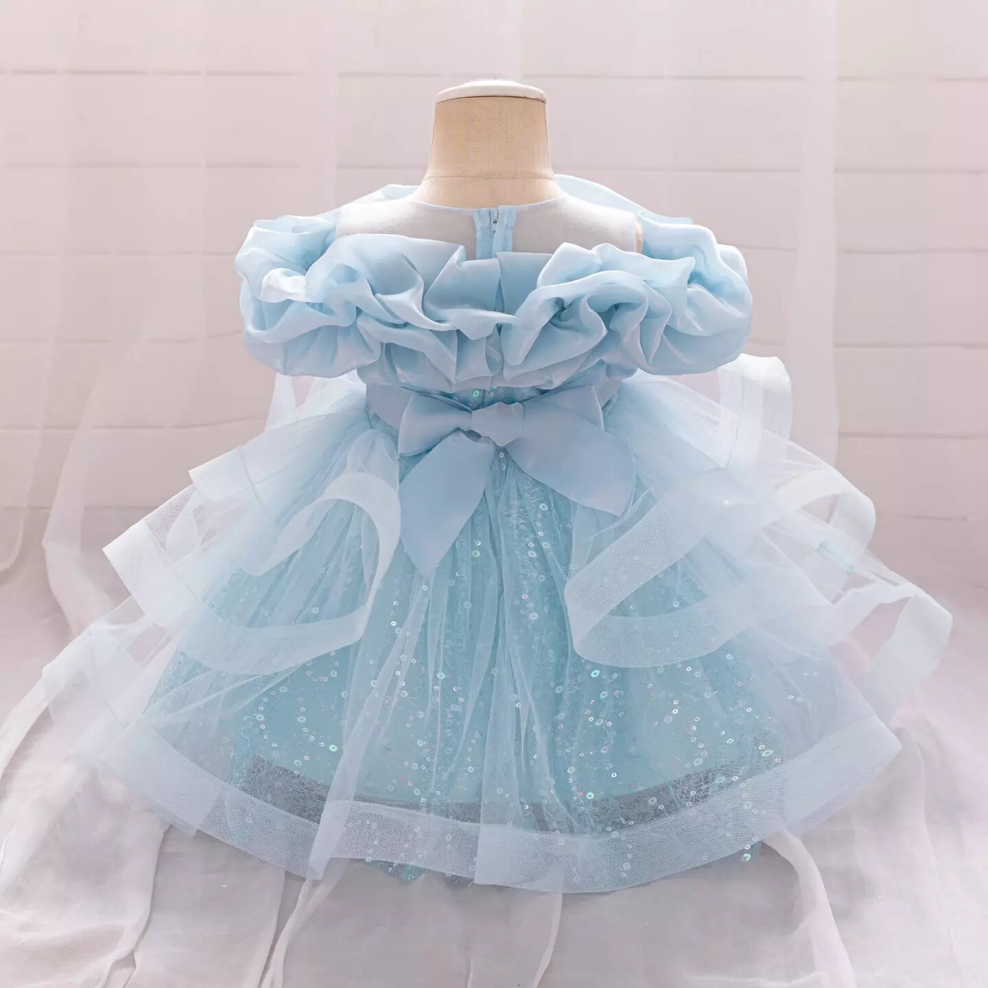 Sophie Light Blue Tiered Tulle Baby Party Dress with Ruffle Collar