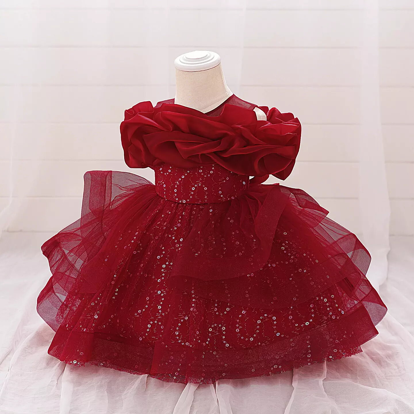 Sophie Maroon Sequin Tulle Baby Party Dress with Ruffle Collar