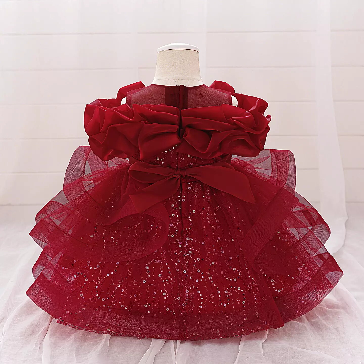 Sophie Maroon Sequin Tulle Baby Party Dress with Ruffle Collar