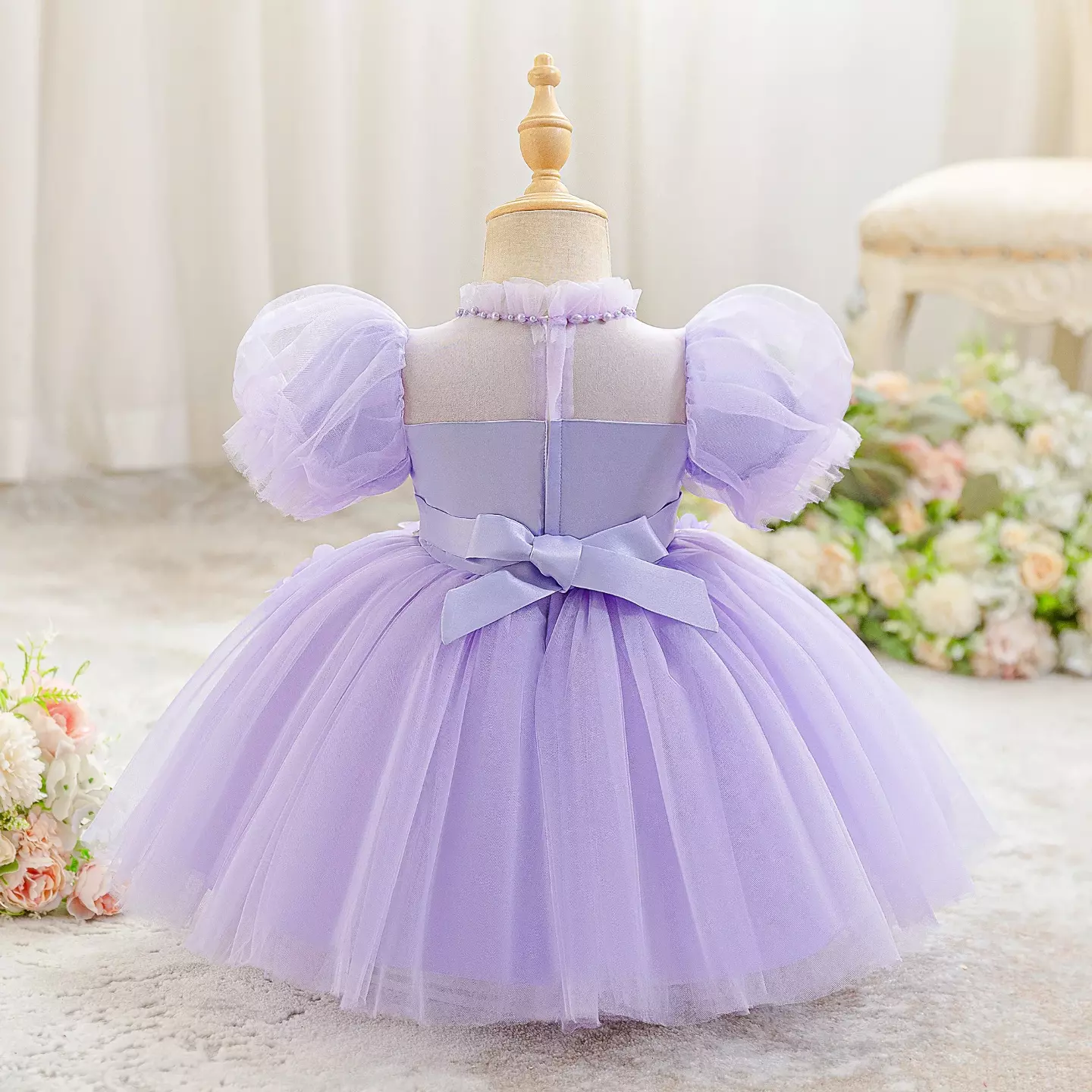 Veronika Lavender Puff Sleeve Floral Tulle Floor Length Baby Girls Party Dress