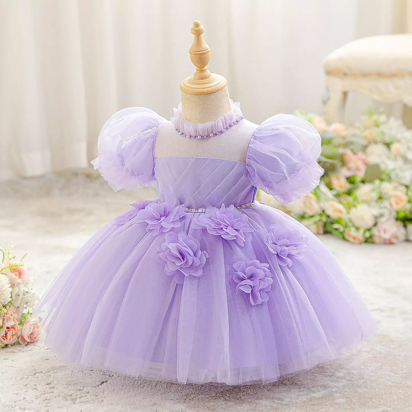 Veronika Lavender Puff Sleeve Floral Tulle Floor Length Baby Girls Party Dress