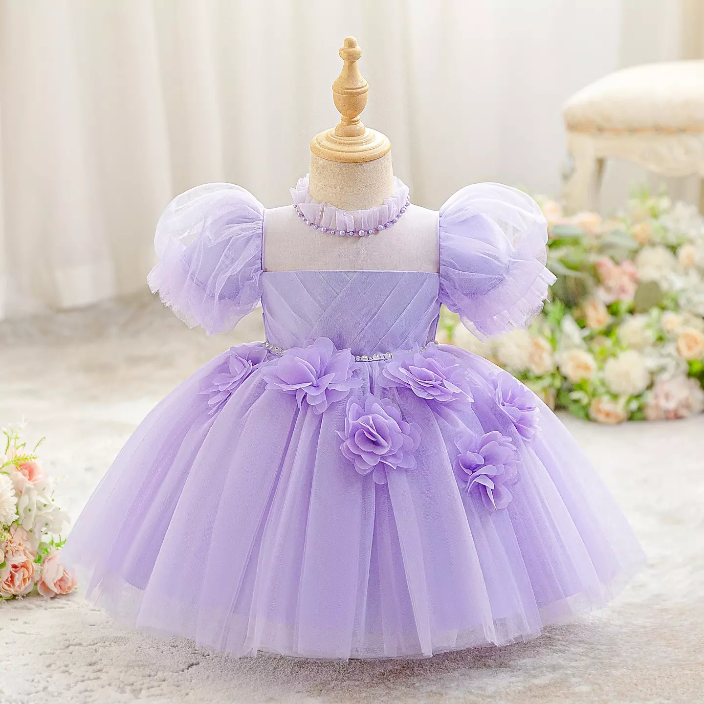 Veronika Lavender Puff Sleeve Floral Tulle Floor Length Baby Girls Party Dress