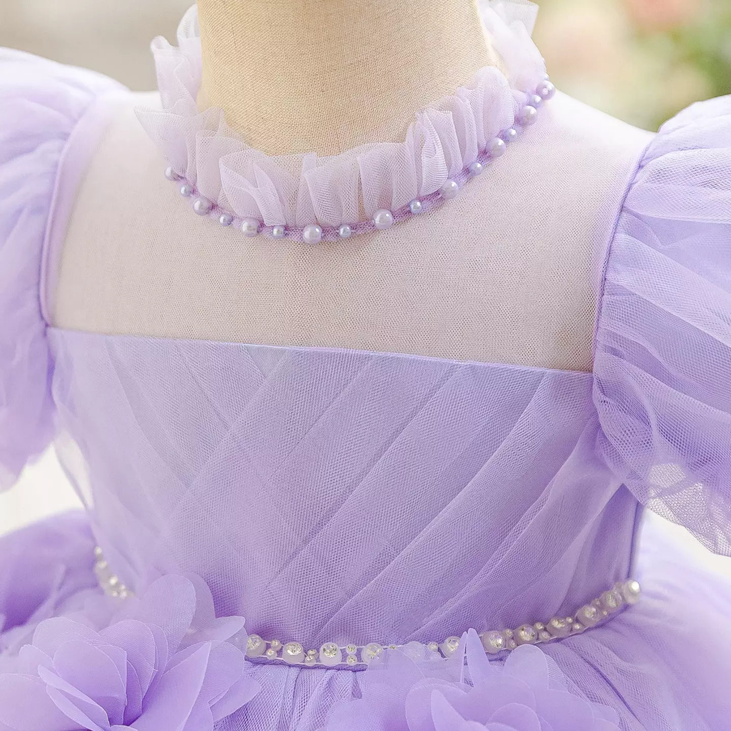 Veronika Lavender Puff Sleeve Floral Tulle Floor Length Baby Girls Party Dress