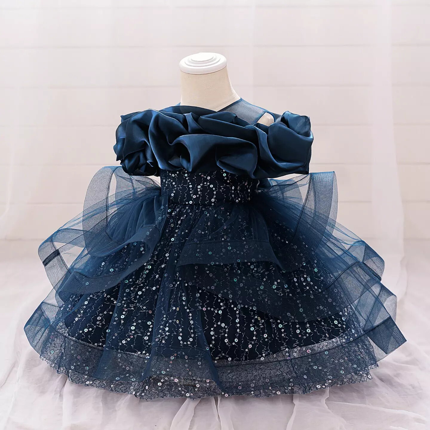 Sophie Navy Sequin Tulle Baby Party Dress with Satin Ruffle Collar