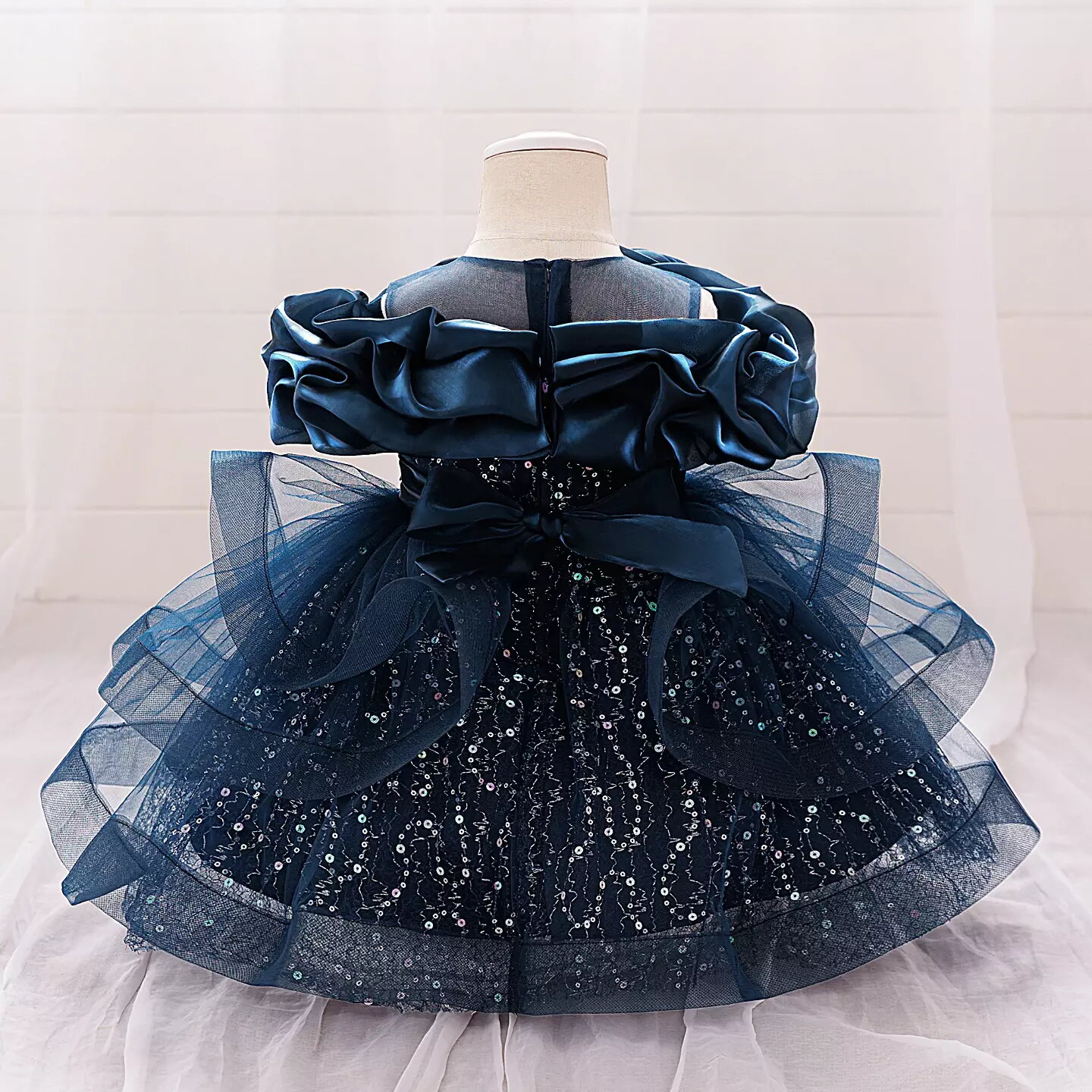 Sophie Navy Sequin Tulle Baby Party Dress with Satin Ruffle Collar