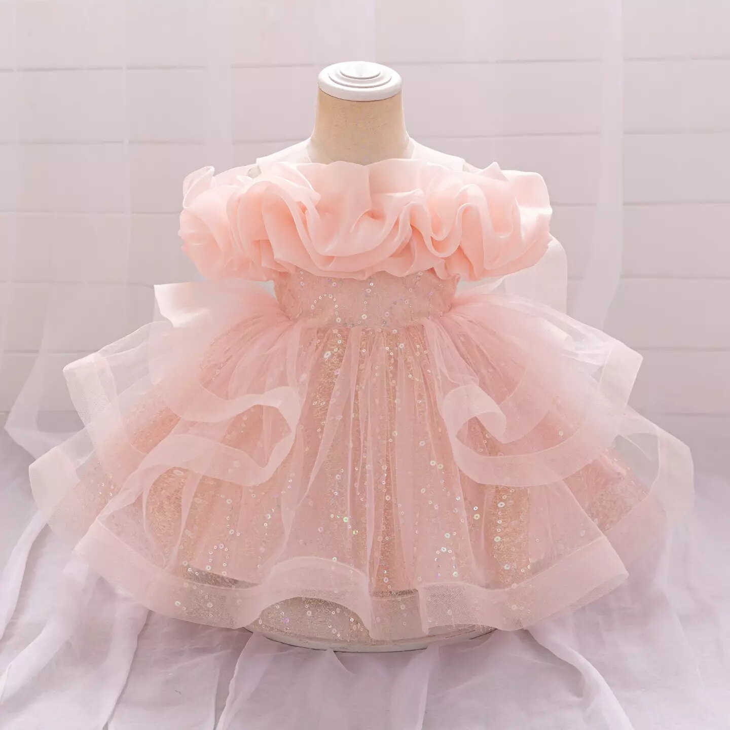 Sophie Peach Pink Sequin Tulle Baby Party Dress with Ruffle Collar