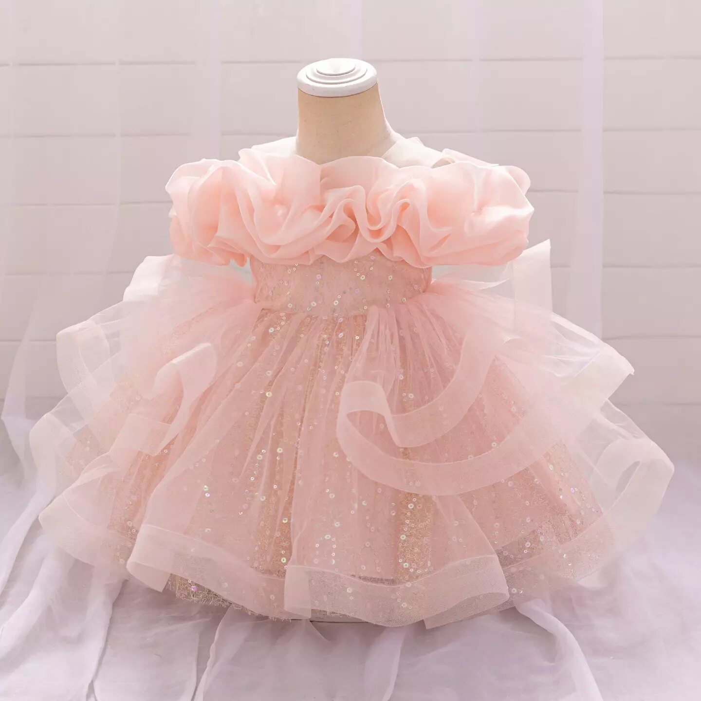 Sophie Peach Pink Sequin Tulle Baby Party Dress with Ruffle Collar
