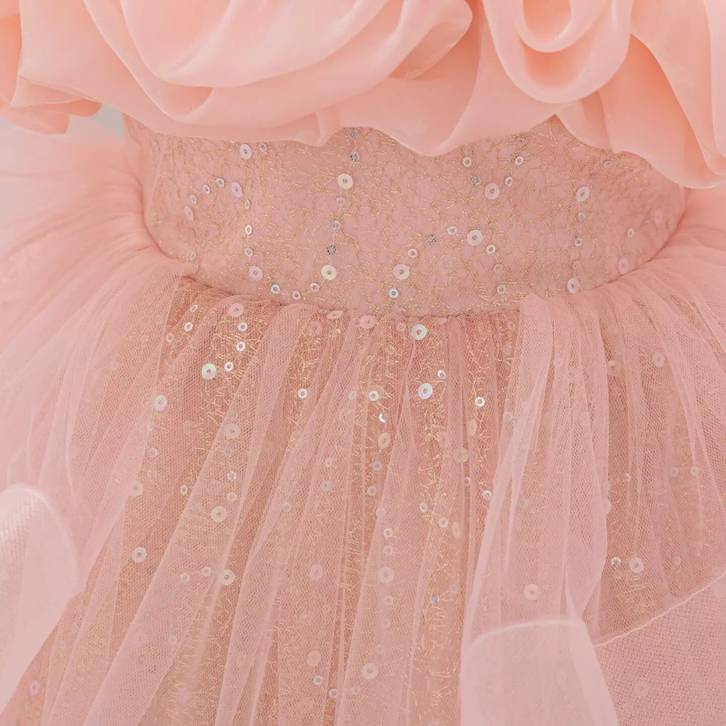 Sophie Peach Pink Sequin Tulle Baby Party Dress with Ruffle Collar