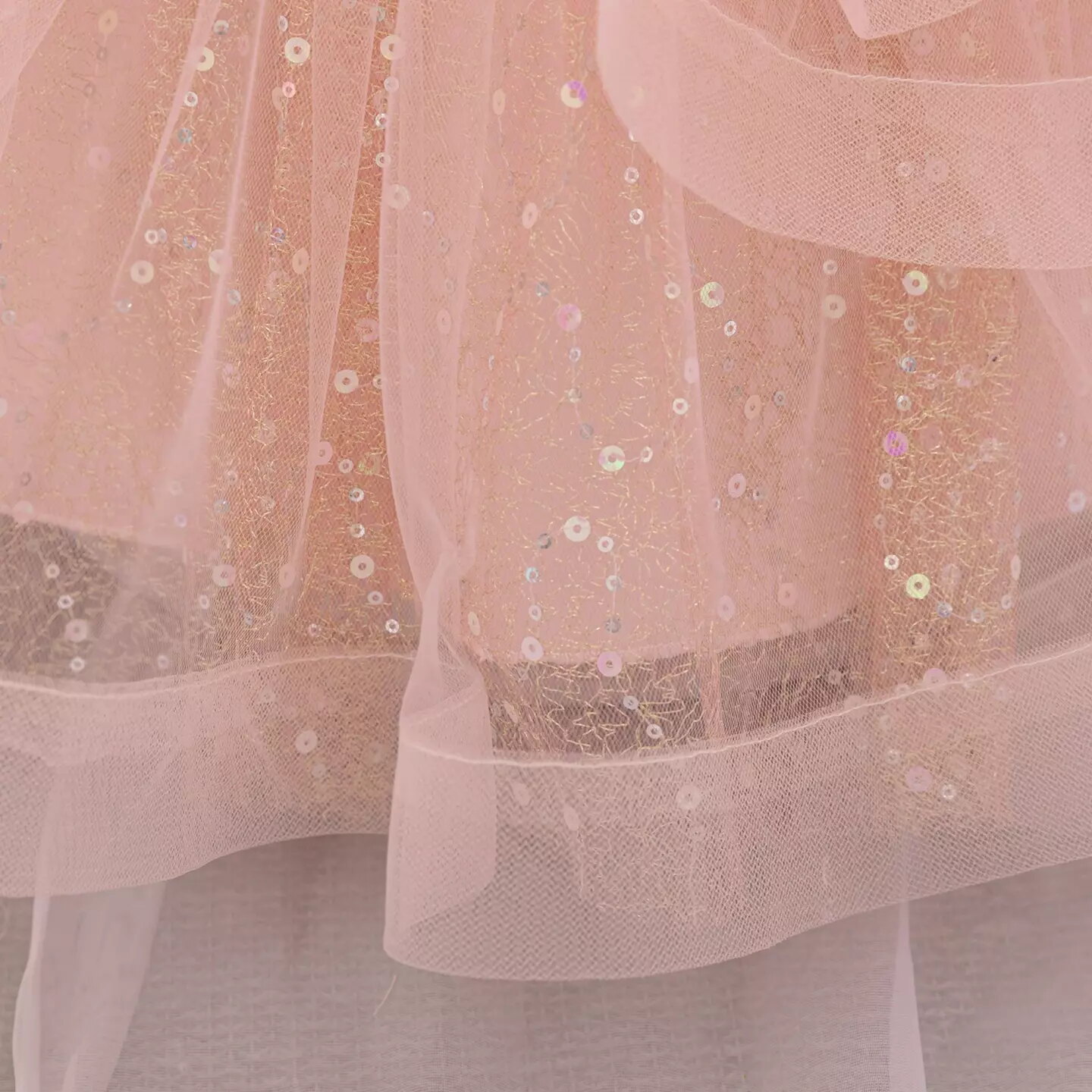 Sophie Peach Pink Sequin Tulle Baby Party Dress with Ruffle Collar