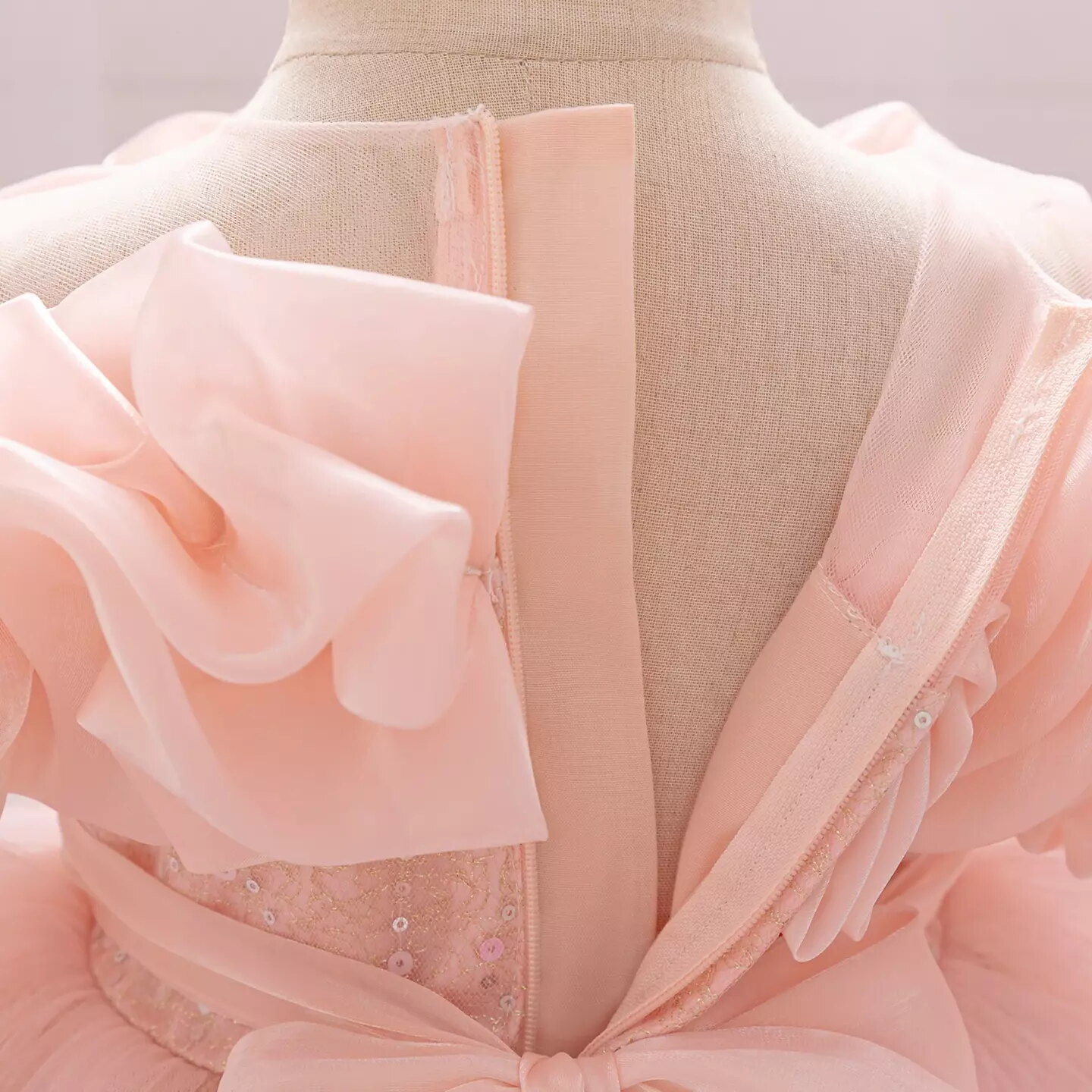 Sophie Peach Pink Sequin Tulle Baby Party Dress with Ruffle Collar