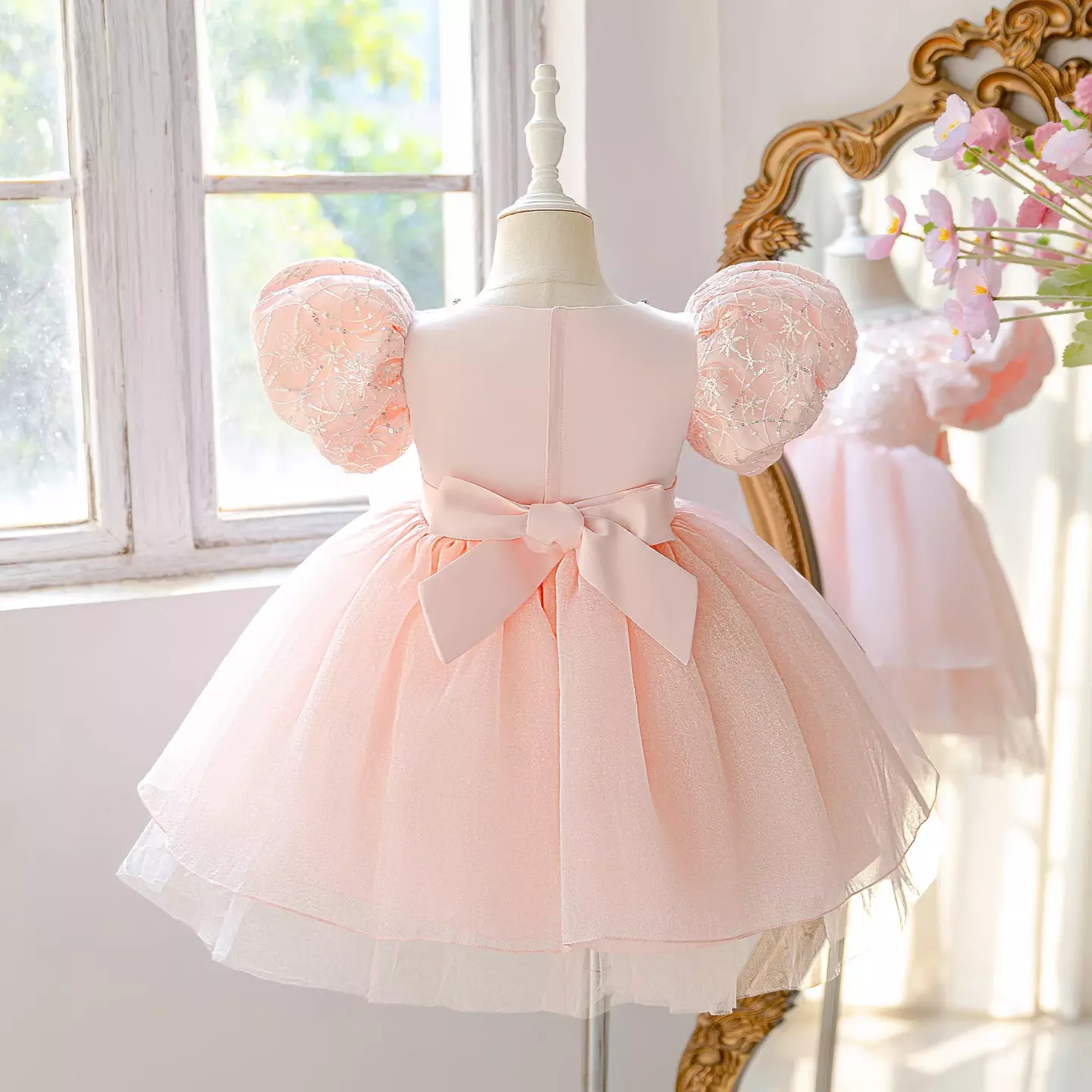 Jeline Peach Pink Beaded Neckline Puff Sleeve Girls Dress