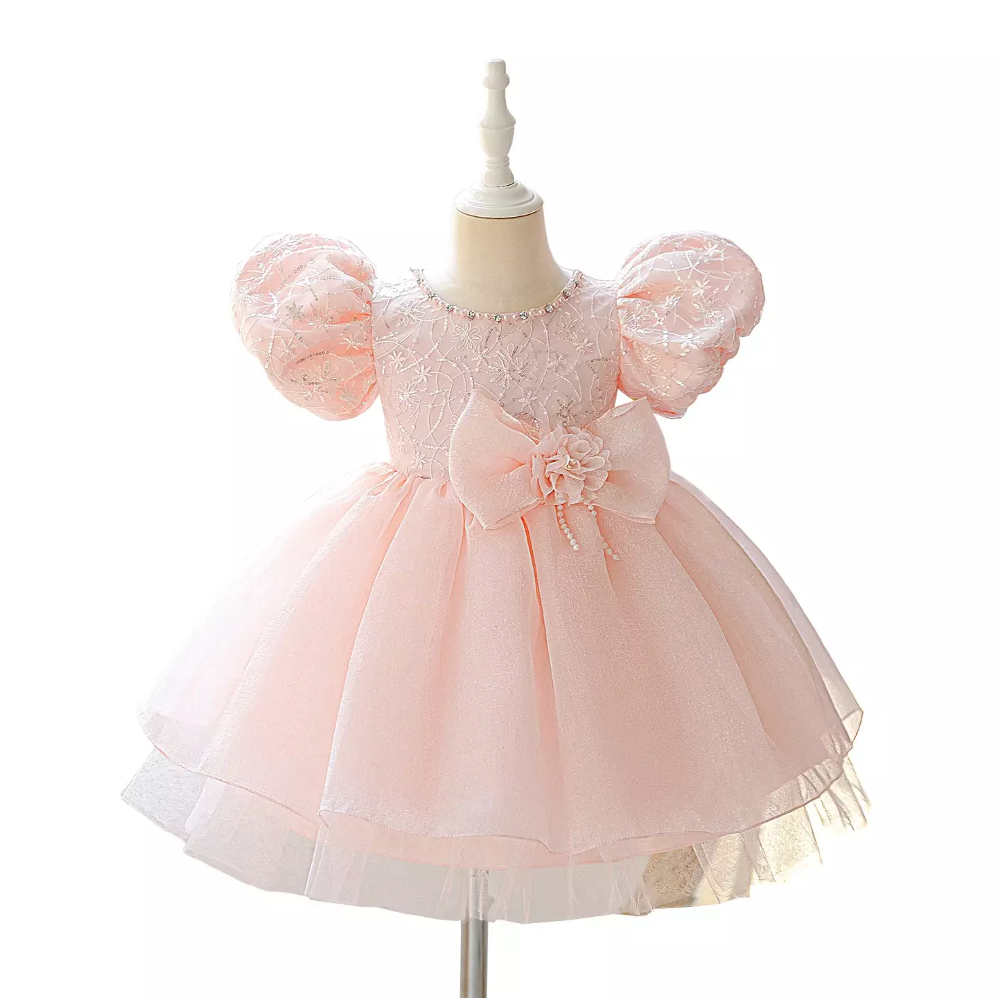Jeline Peach Pink Beaded Neckline Puff Sleeve Girls Dress