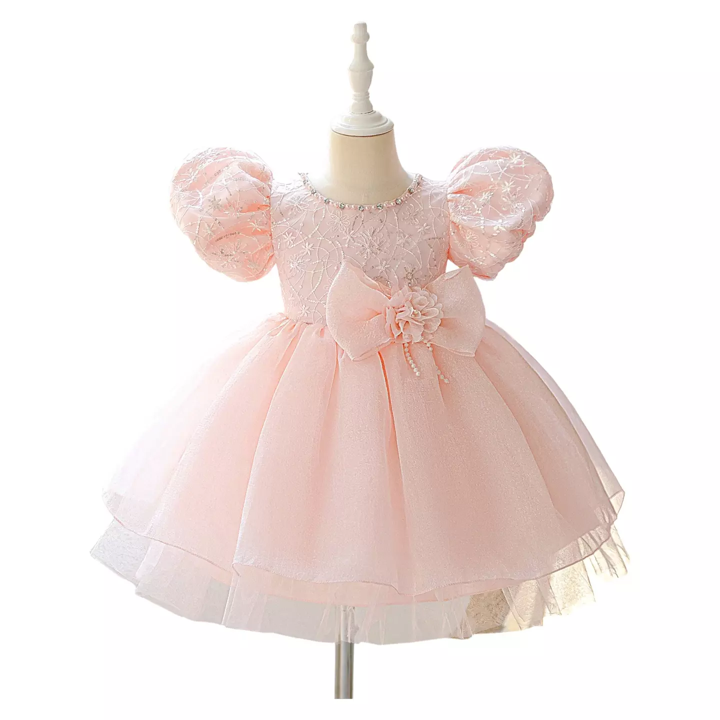 Jeline Peach Pink Beaded Neckline Puff Sleeve Girls Dress