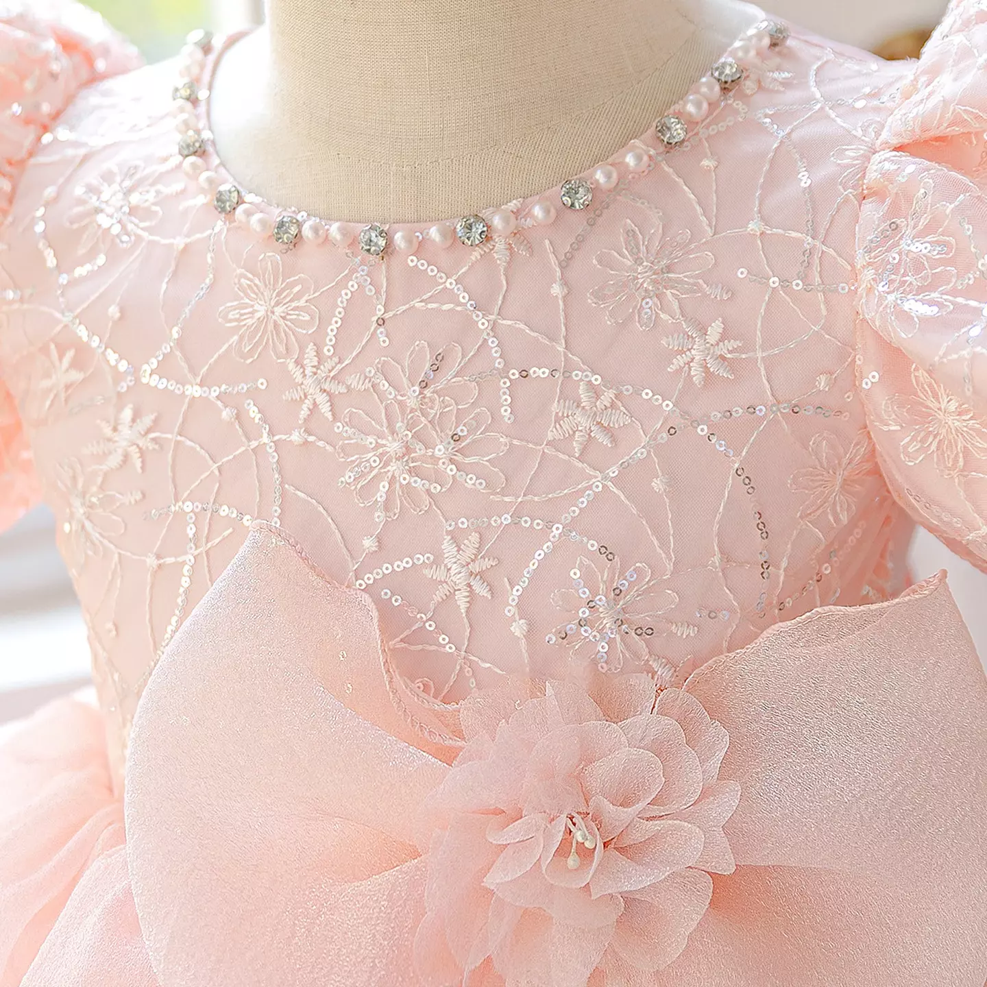 Jeline Peach Pink Beaded Neckline Puff Sleeve Girls Dress