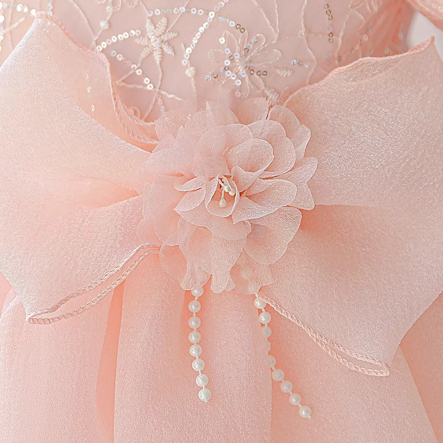 Jeline Peach Pink Beaded Neckline Puff Sleeve Girls Dress