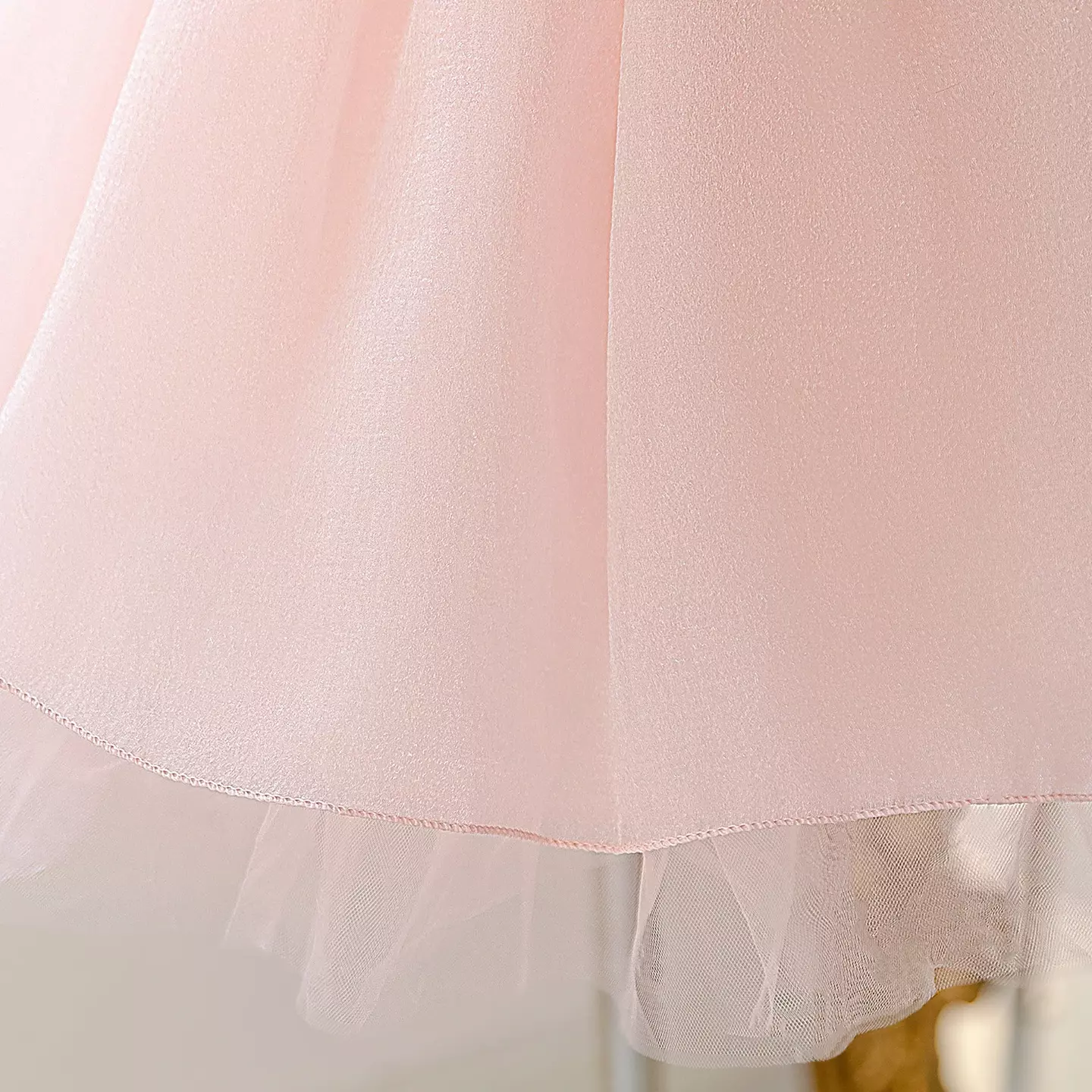 Jeline Peach Pink Beaded Neckline Puff Sleeve Girls Dress