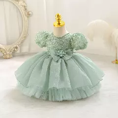 Sonay Sage Green Sequin Puff Sleeve Tulle Tea Length Baby Girls Party Dress