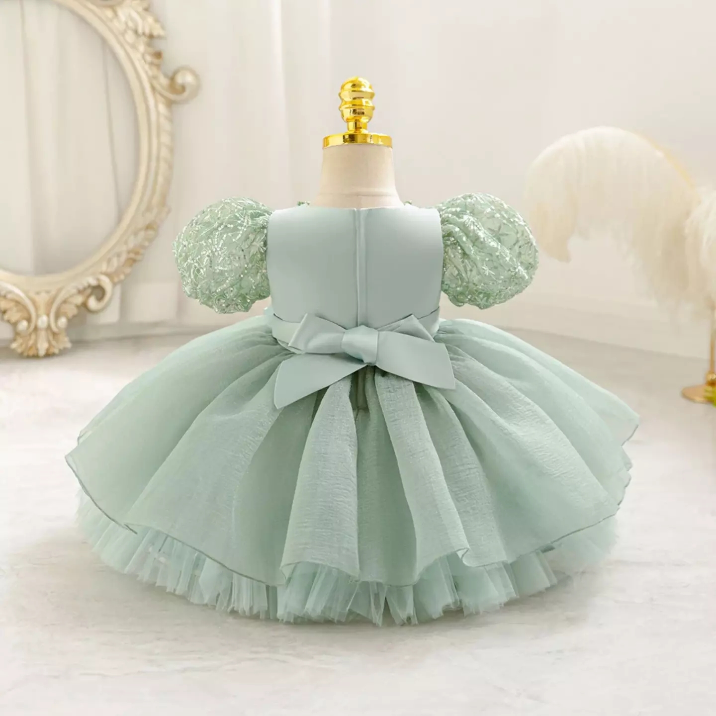 Sonay Sage Green Sequin Puff Sleeve Tulle Tea Length Baby Girls Party Dress