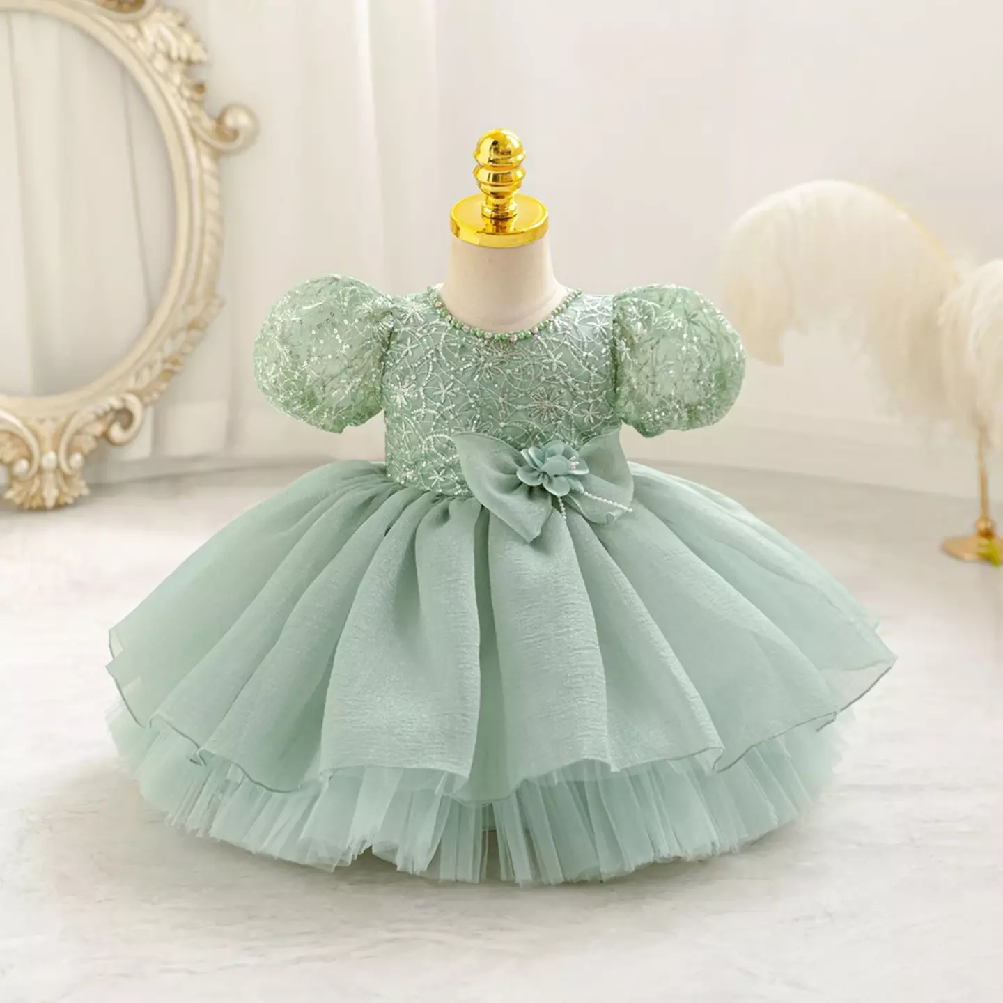 Sonay Sage Green Sequin Puff Sleeve Tulle Tea Length Baby Girls Party Dress