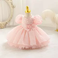 Sonay Peach Pink Sequin Puff Sleeve Tulle Tea Length Baby Girls Party Dress