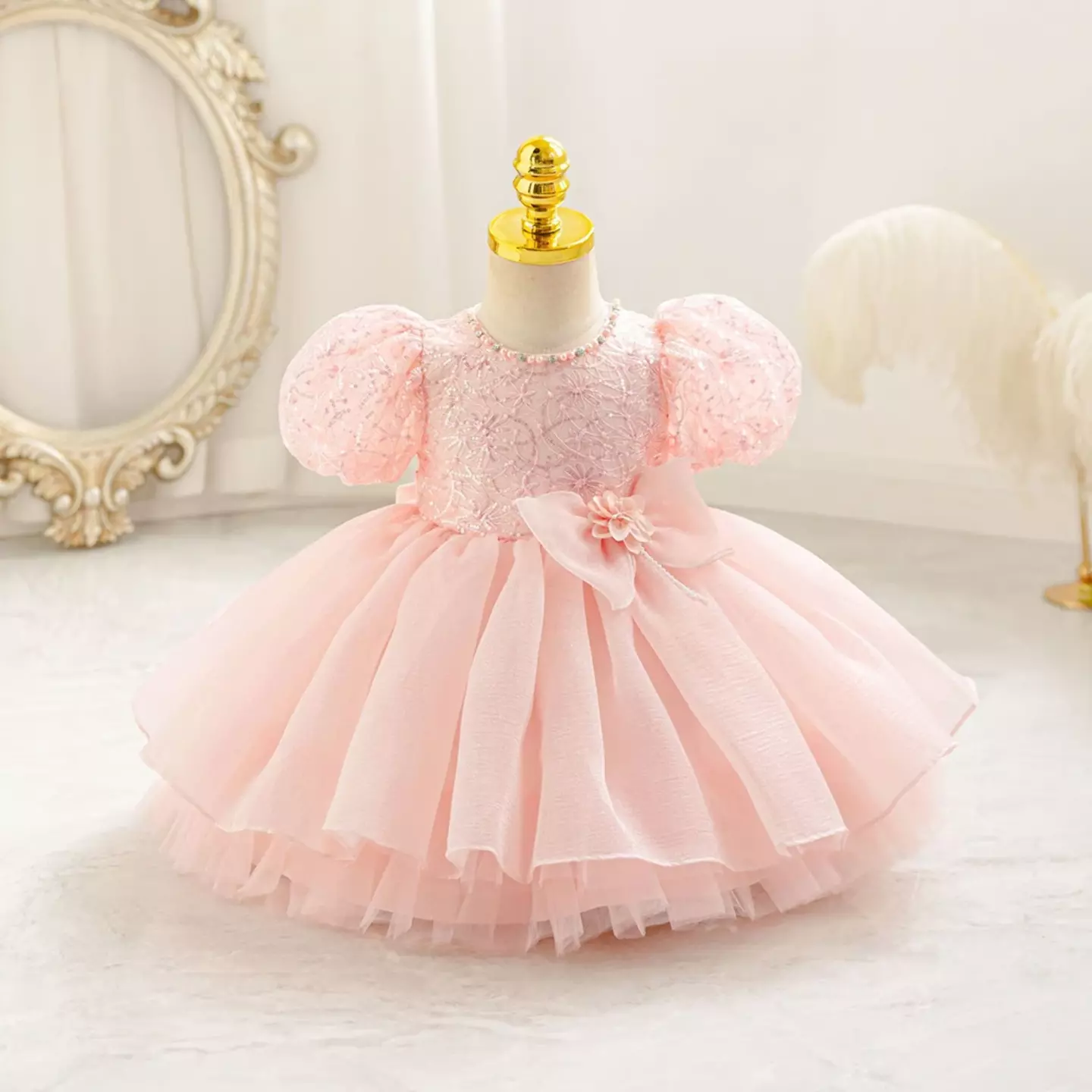 Sonay Peach Pink Sequin Puff Sleeve Tulle Tea Length Baby Girls Party Dress