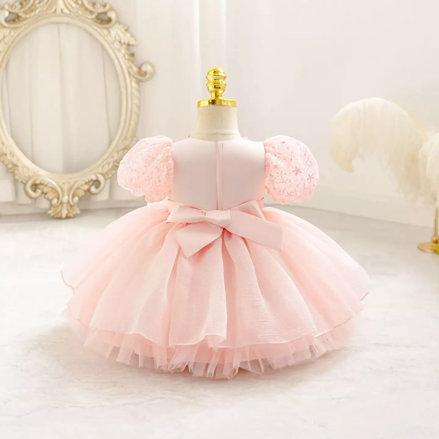 Sonay Peach Pink Sequin Puff Sleeve Tulle Tea Length Baby Girls Party Dress