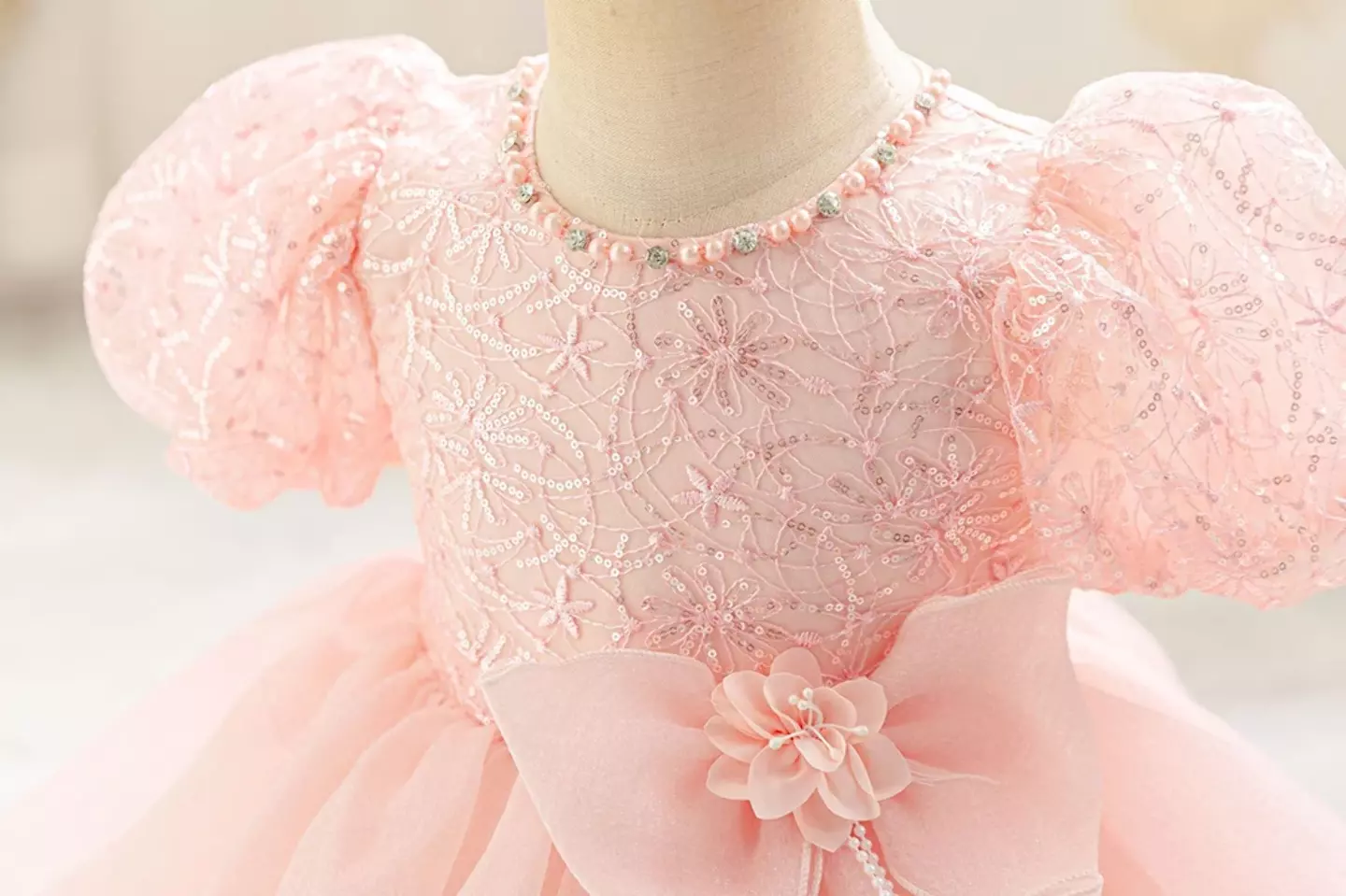 Sonay Peach Pink Sequin Puff Sleeve Tulle Tea Length Baby Girls Party Dress