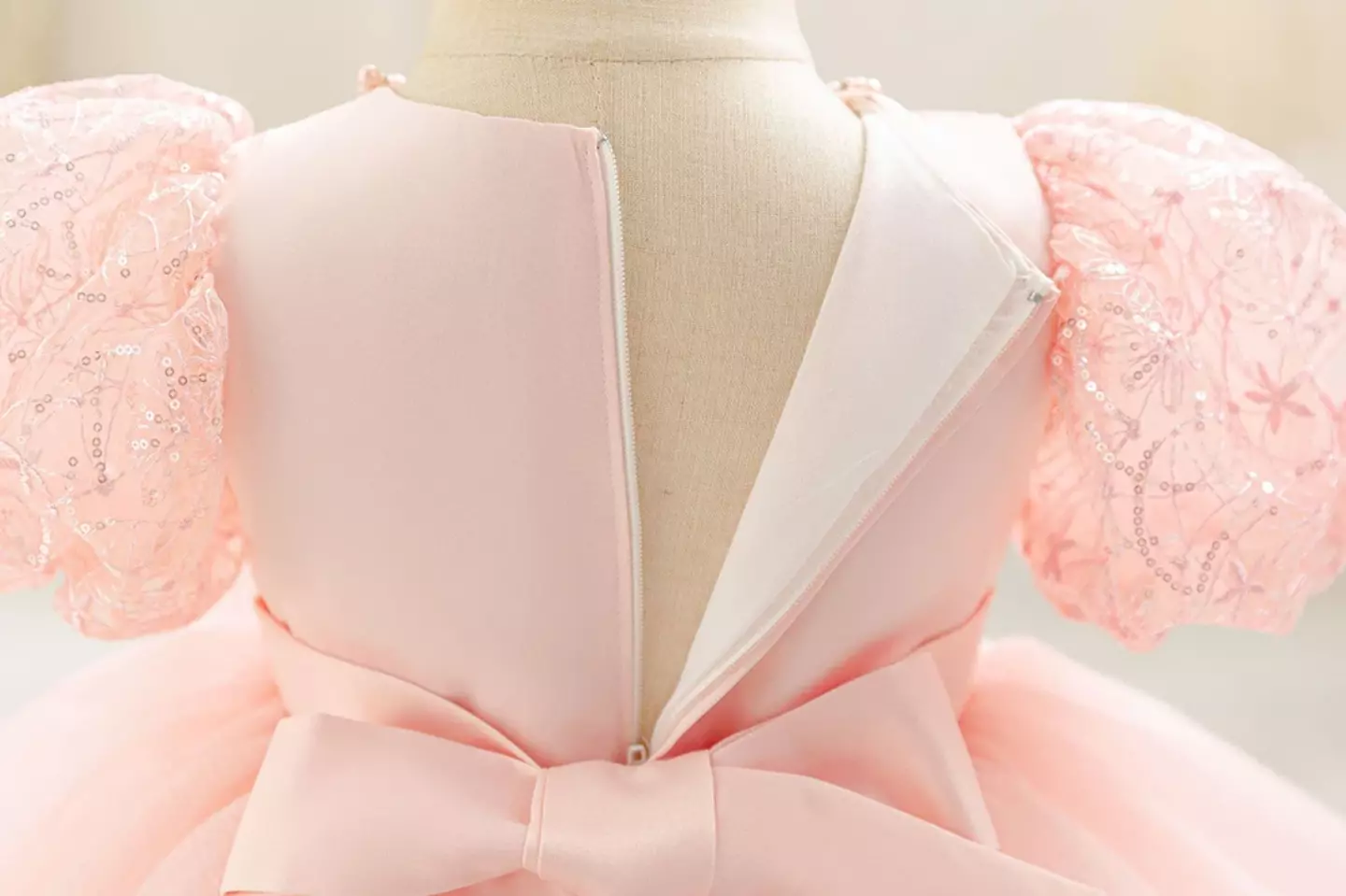 Sonay Peach Pink Sequin Puff Sleeve Tulle Tea Length Baby Girls Party Dress
