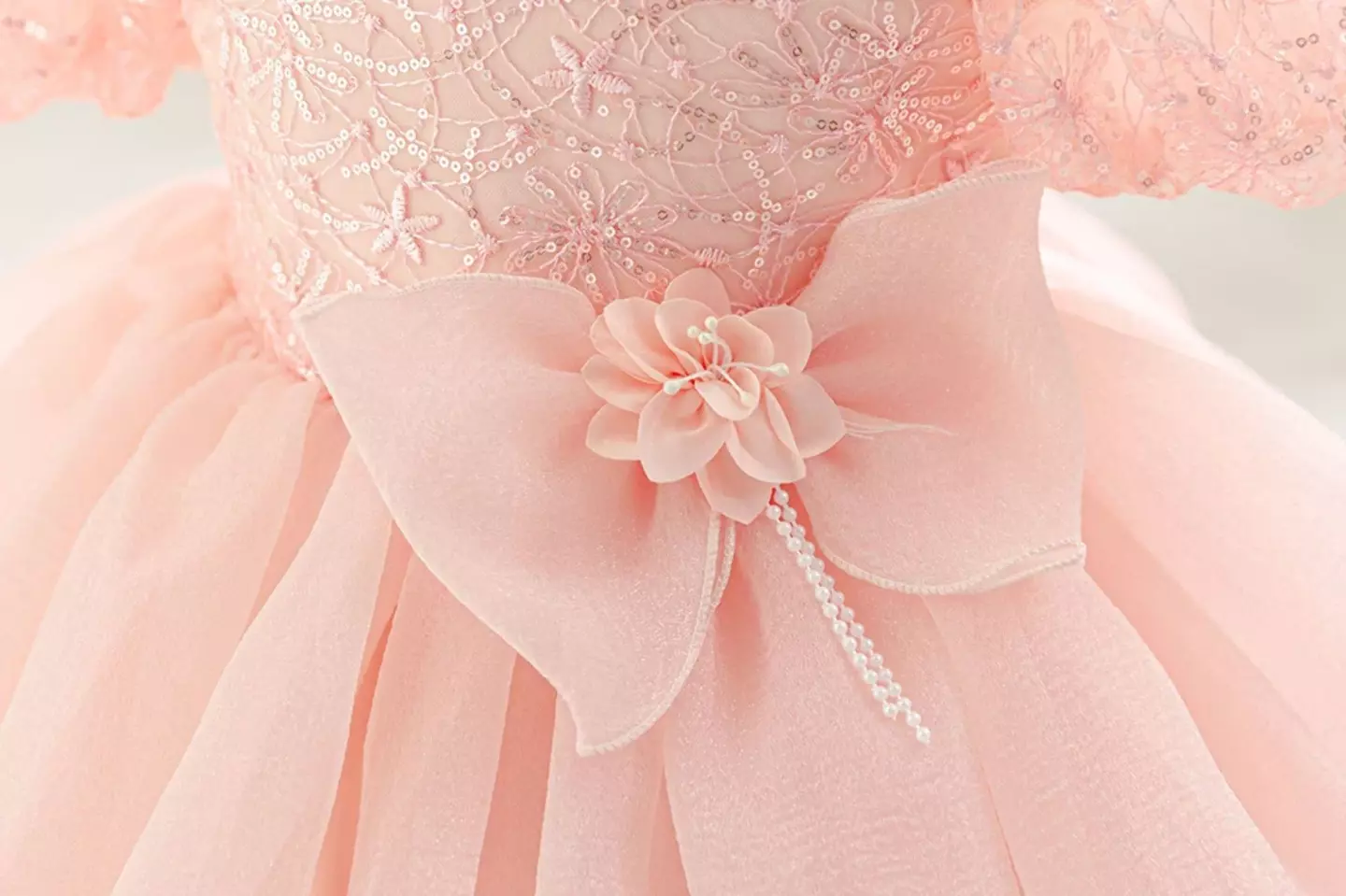 Sonay Peach Pink Sequin Puff Sleeve Tulle Tea Length Baby Girls Party Dress