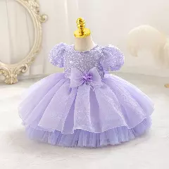 Sonay Lavender Sequin Puff Sleeve Tulle Tea Length Baby Girls Party Dress