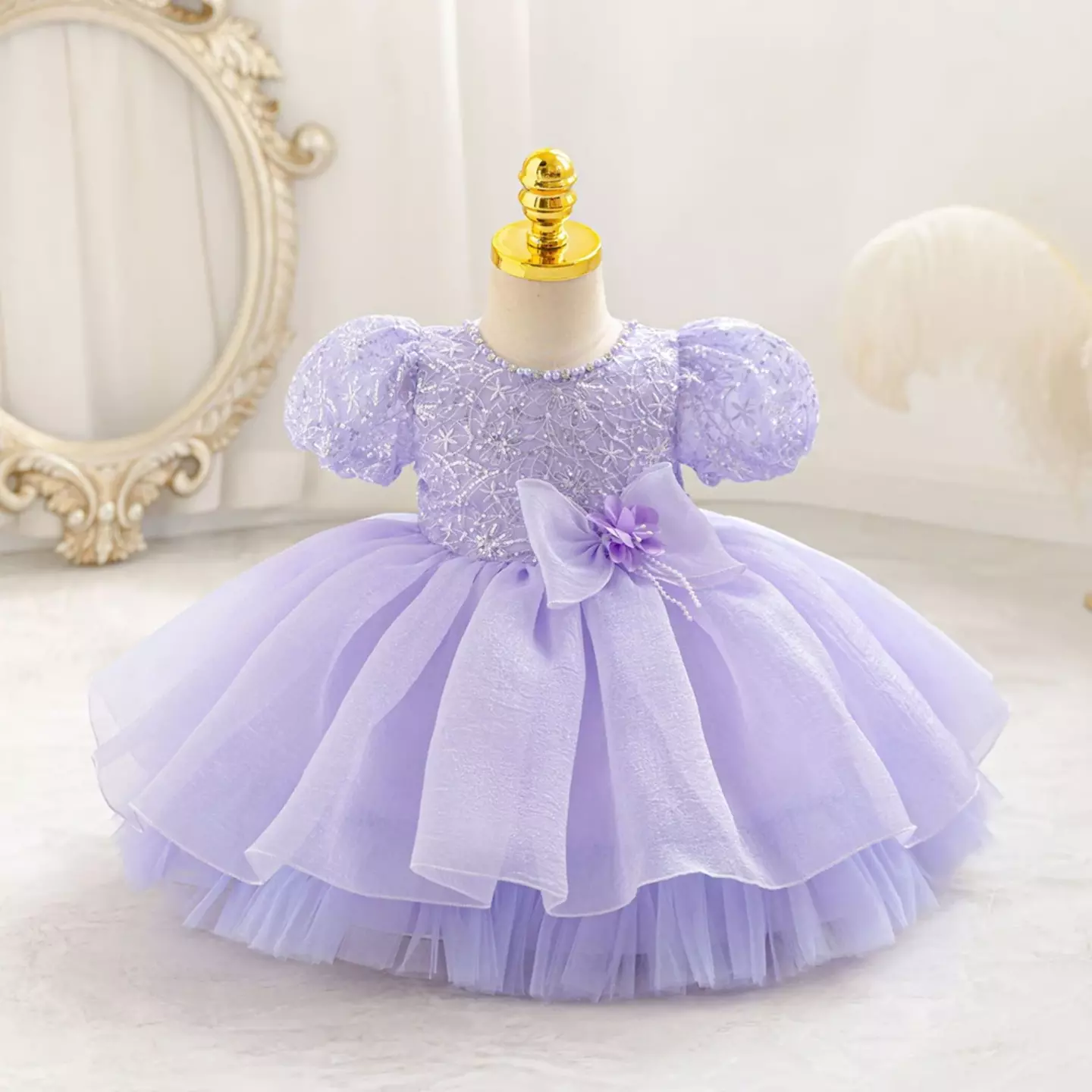Sonay Lavender Sequin Puff Sleeve Tulle Tea Length Baby Girls Party Dress