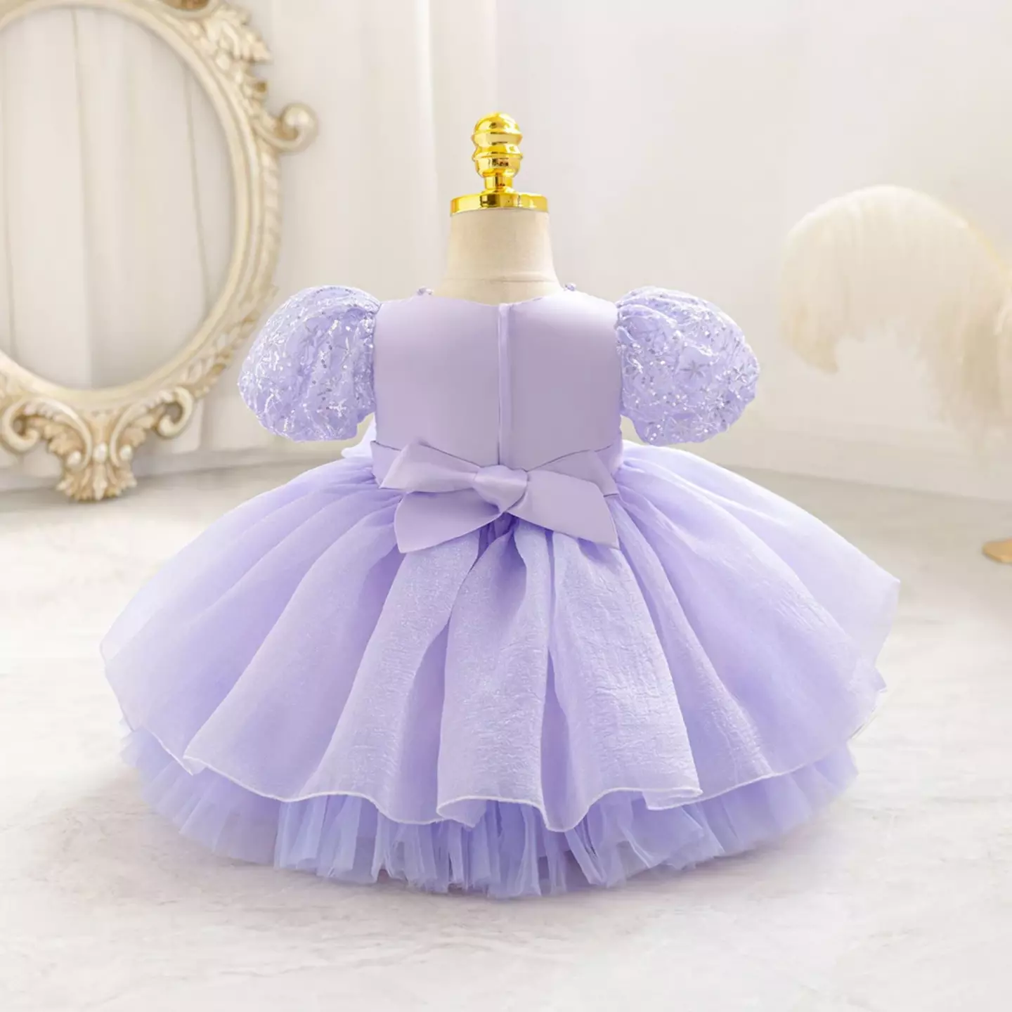 Sonay Lavender Sequin Puff Sleeve Tulle Tea Length Baby Girls Party Dress