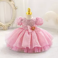 Sonay Dusty Pink Sequin Puff Sleeve Tulle Tea Length Baby Girls Party Dress