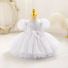 Sonay Ivory Sequin Puff Sleeve Tulle Tea Length Baby Girls Party Dress