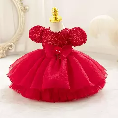 Sonay Red Sequin Puff Sleeve Tulle Tea Length Baby Girls Party Dress
