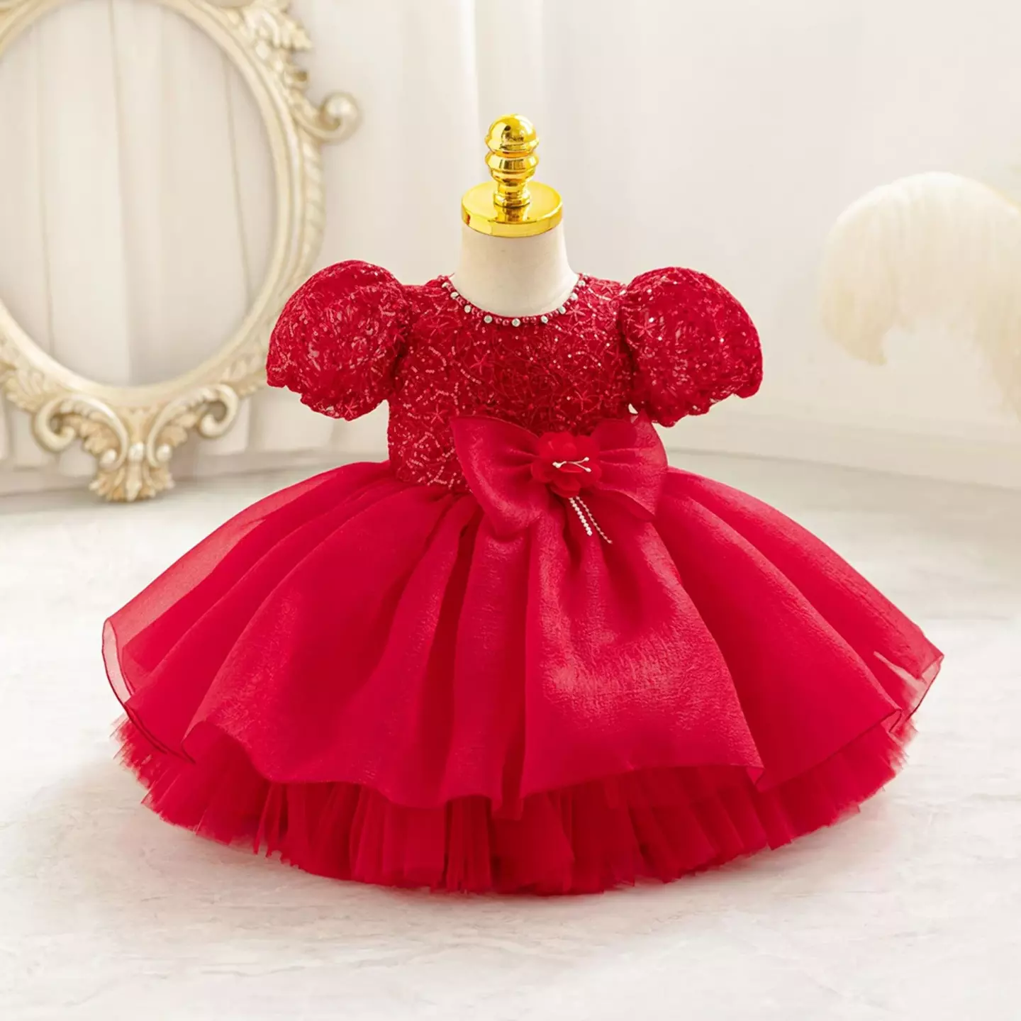 Sonay Red Sequin Puff Sleeve Tulle Tea Length Baby Girls Party Dress