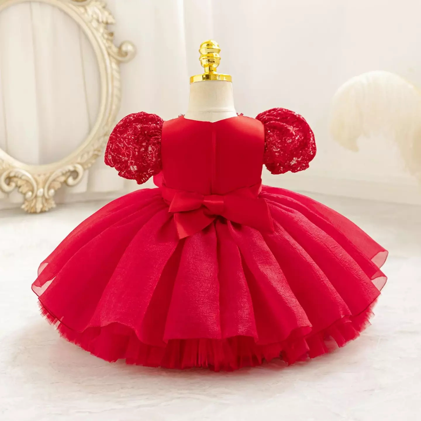 Sonay Red Sequin Puff Sleeve Tulle Tea Length Baby Girls Party Dress
