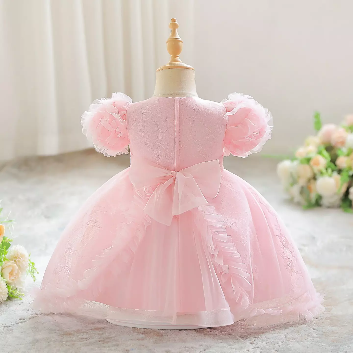 Noma Pink Curving Ruffle Tea Length Baby Party Dress