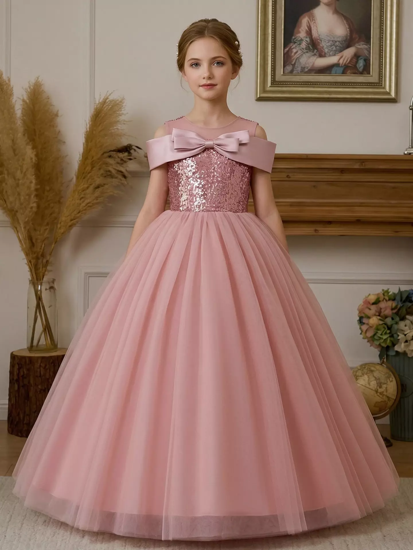 Lucia Dusty Pink Sequin Bow Off Shoulder Tulle Floor Length Girls Party Dress