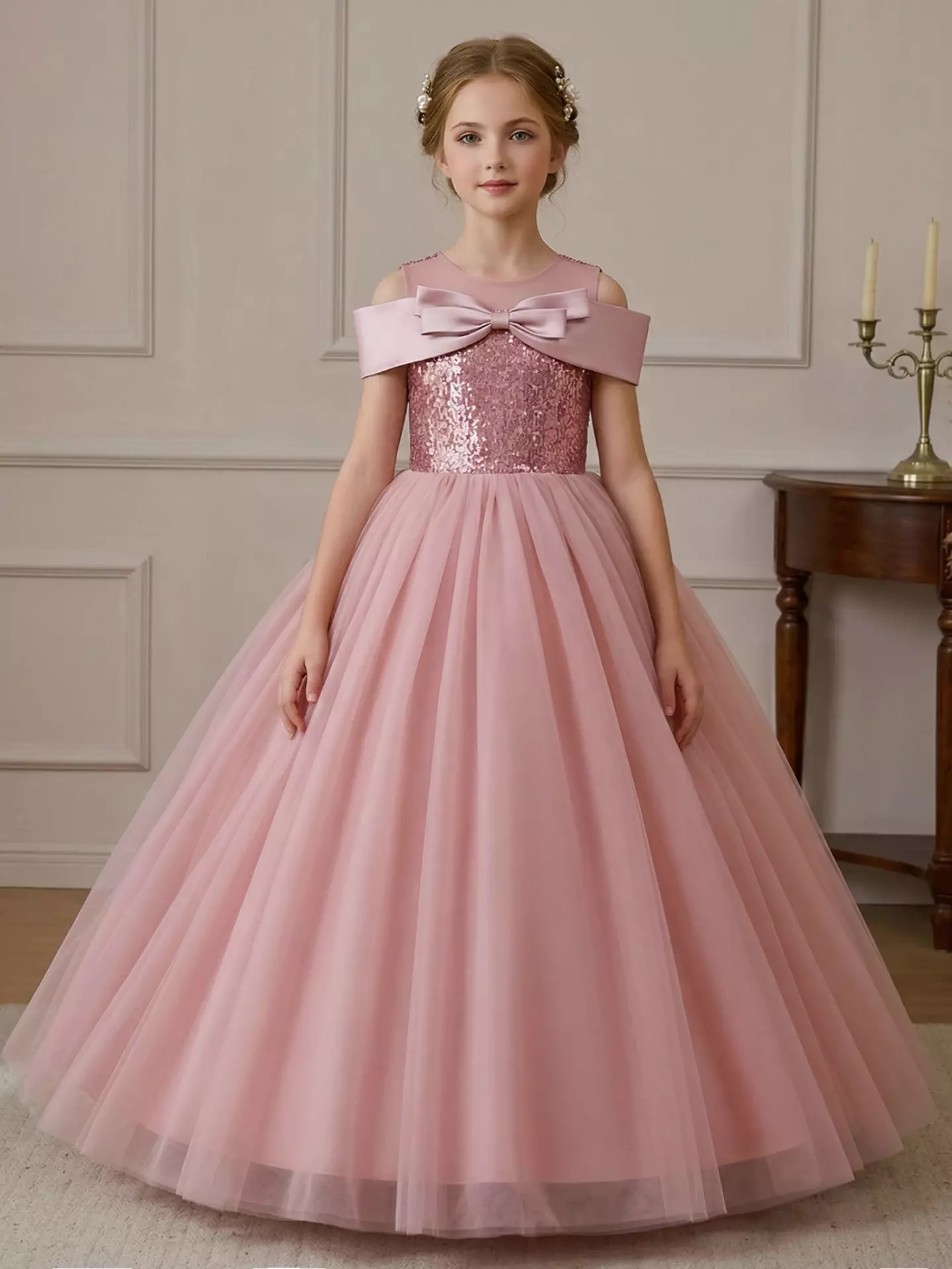 Lucia Dusty Pink Sequin Bow Off Shoulder Tulle Floor Length Girls Party Dress