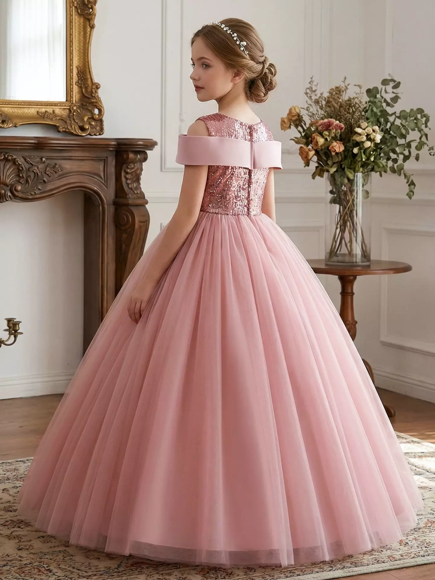 Lucia Dusty Pink Sequin Bow Off Shoulder Tulle Floor Length Girls Party Dress