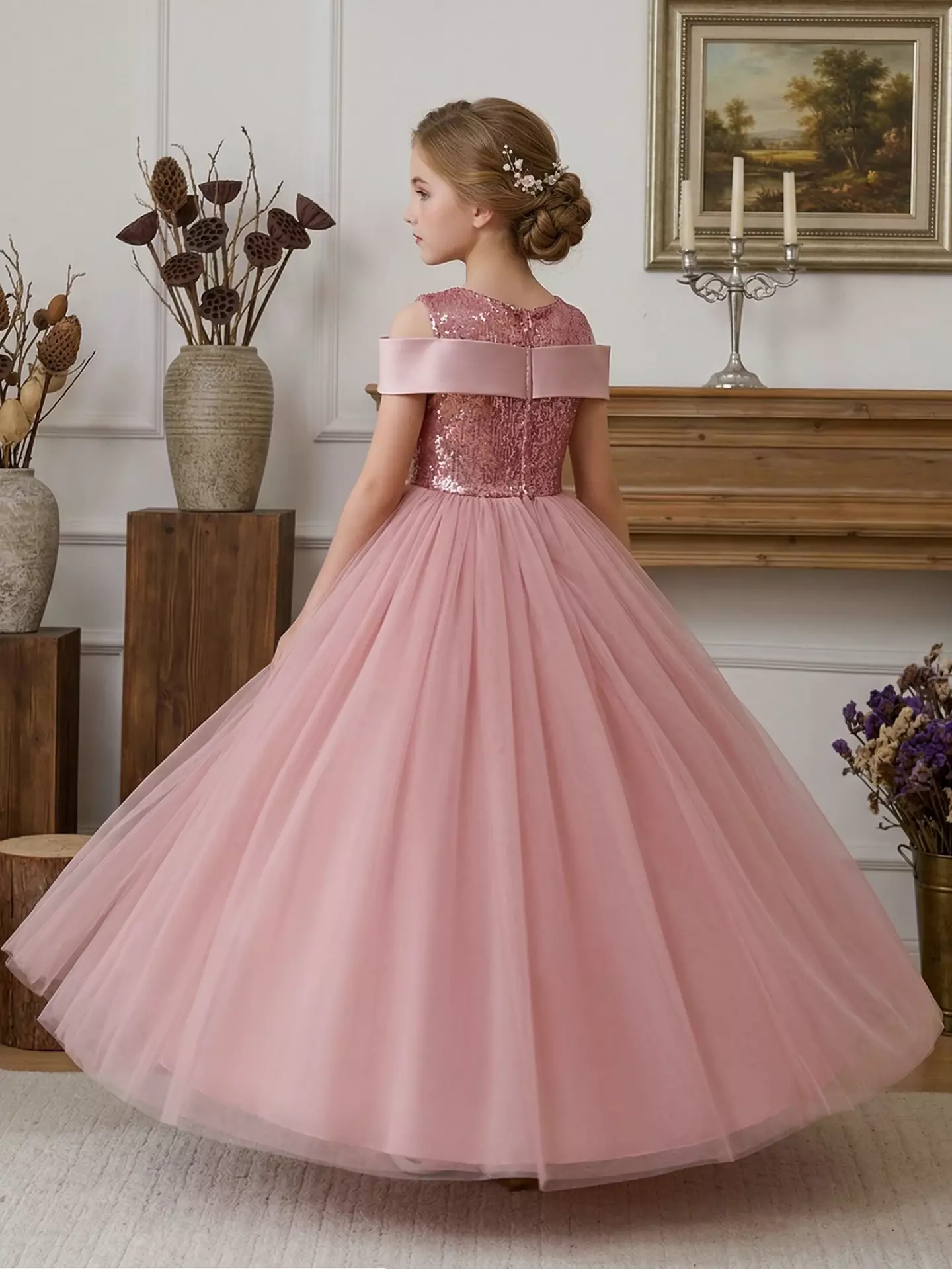 Lucia Dusty Pink Sequin Bow Off Shoulder Tulle Floor Length Girls Party Dress