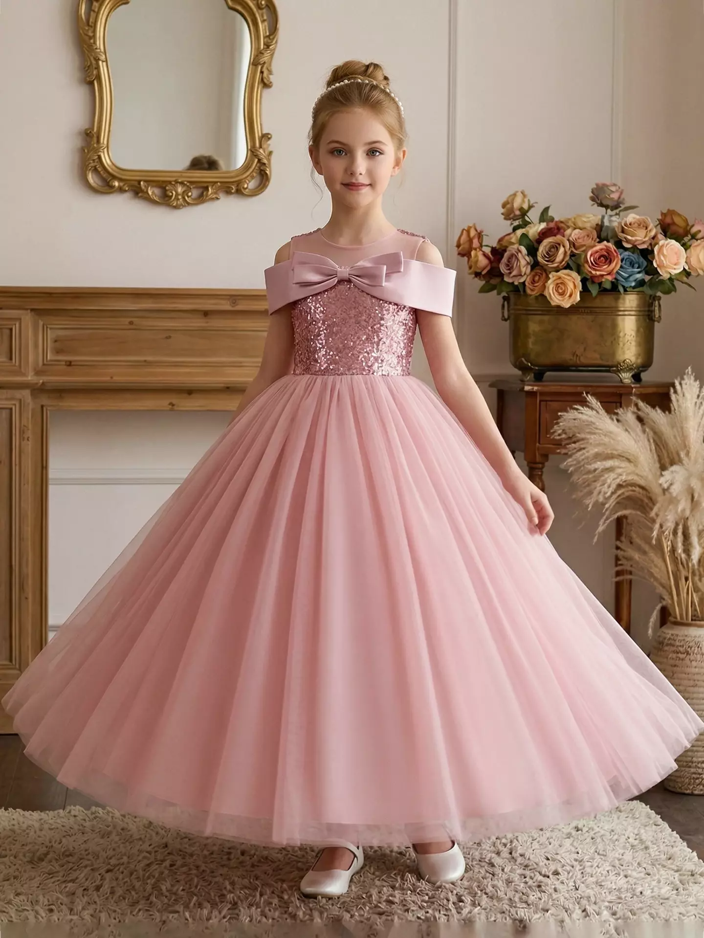 Lucia Dusty Pink Sequin Bow Off Shoulder Tulle Floor Length Girls Party Dress
