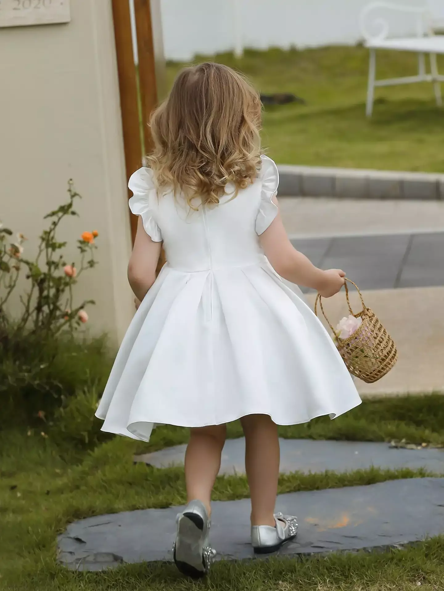 Kawa White Satin Flutter Sleeve Pleated Floor Length Flower Girl Dress
